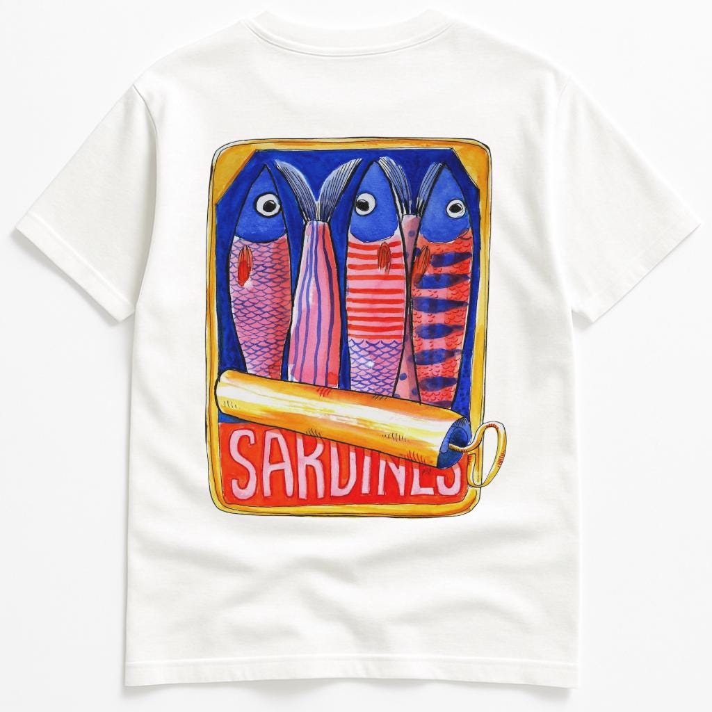 T-shirt unisex oversize KIKI “Sardines” – Maglietta bianca in cotone con stampa artistica pesci, streetwear illustrato