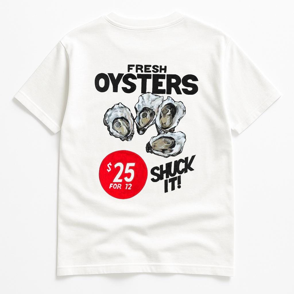 T-shirt Fresh Oysters con stampa grafica – Maglietta unisex streetwear food design – KIKI 🇮🇹