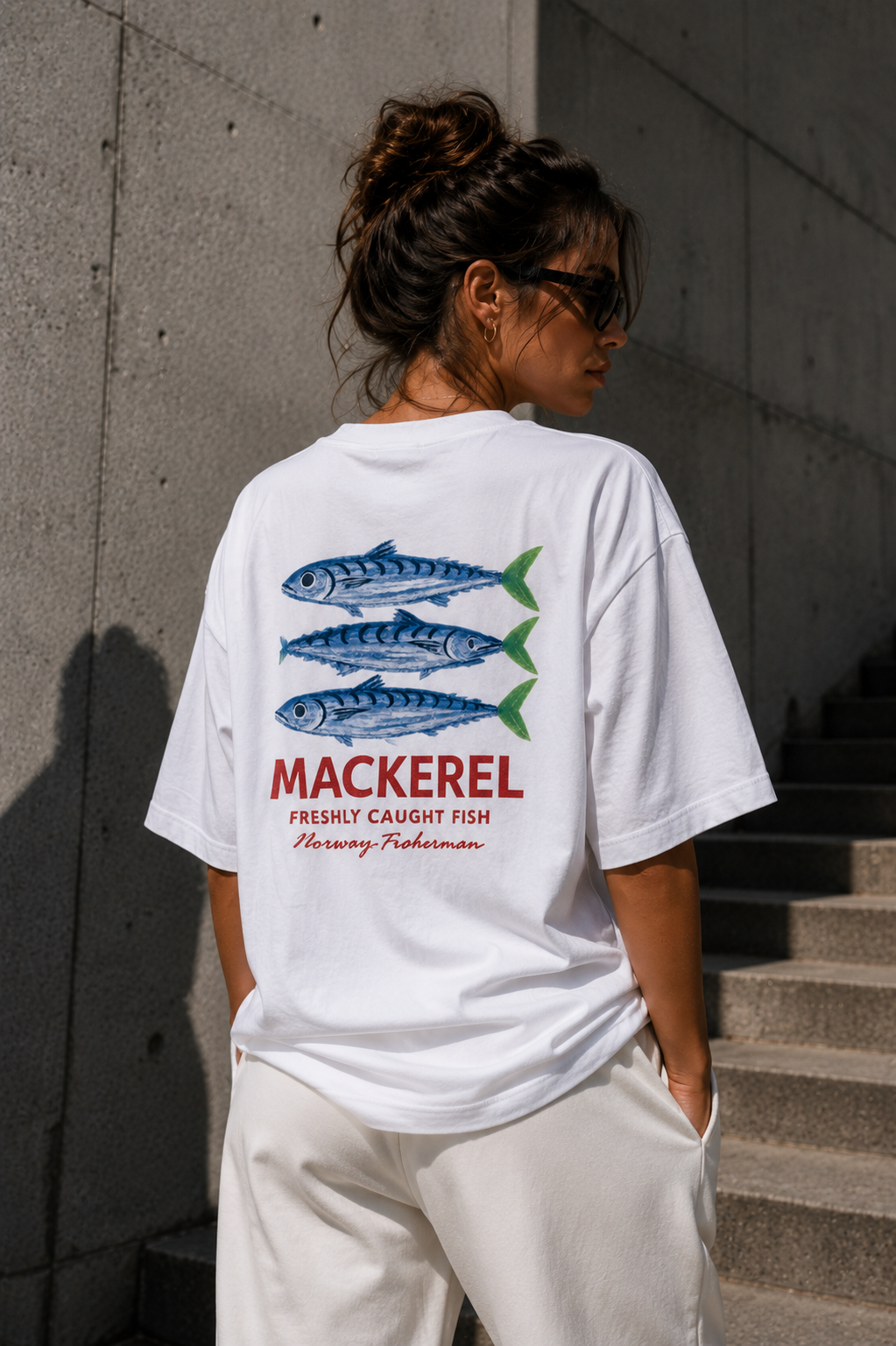 KIKI Mackerel Oversized T-Shirt – White Graphic Tee Inspired by Nordic Fisherman Style