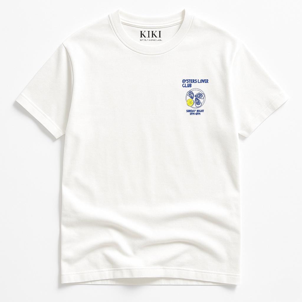KIKI Oysters Lover Club T-Shirt Unisex Bianca – Maglietta Oversize Cotone con Stampa Oyster & Lemon