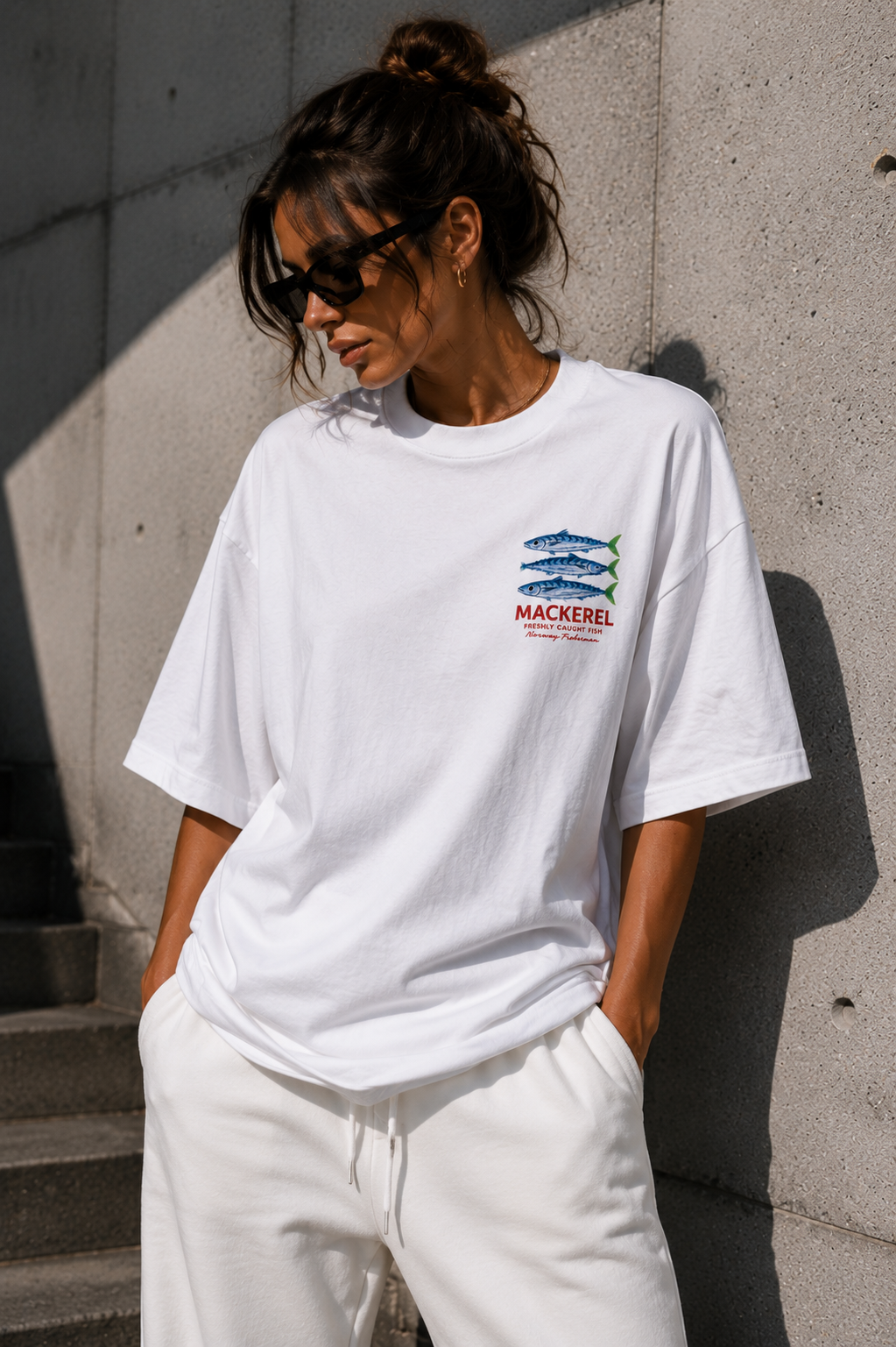 KIKI Mackerel Oversized T-Shirt – White Graphic Tee Inspired by Nordic Fisherman Style
