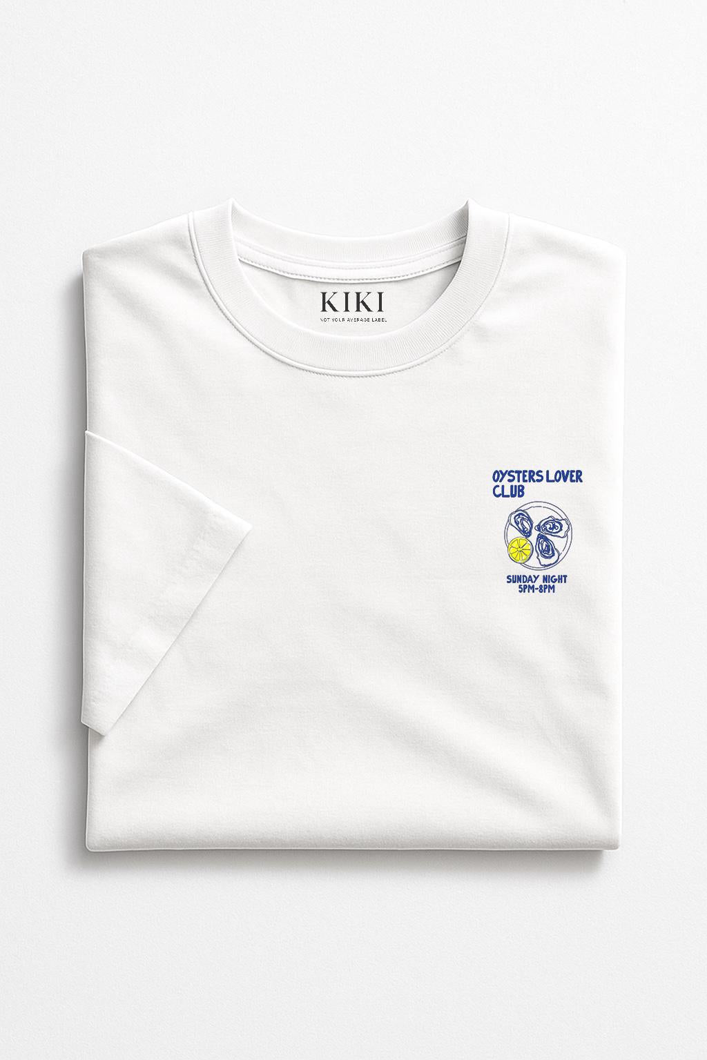KIKI Oysters Lover Club T-Shirt Unisex Bianca – Maglietta Oversize Cotone con Stampa Oyster & Lemon