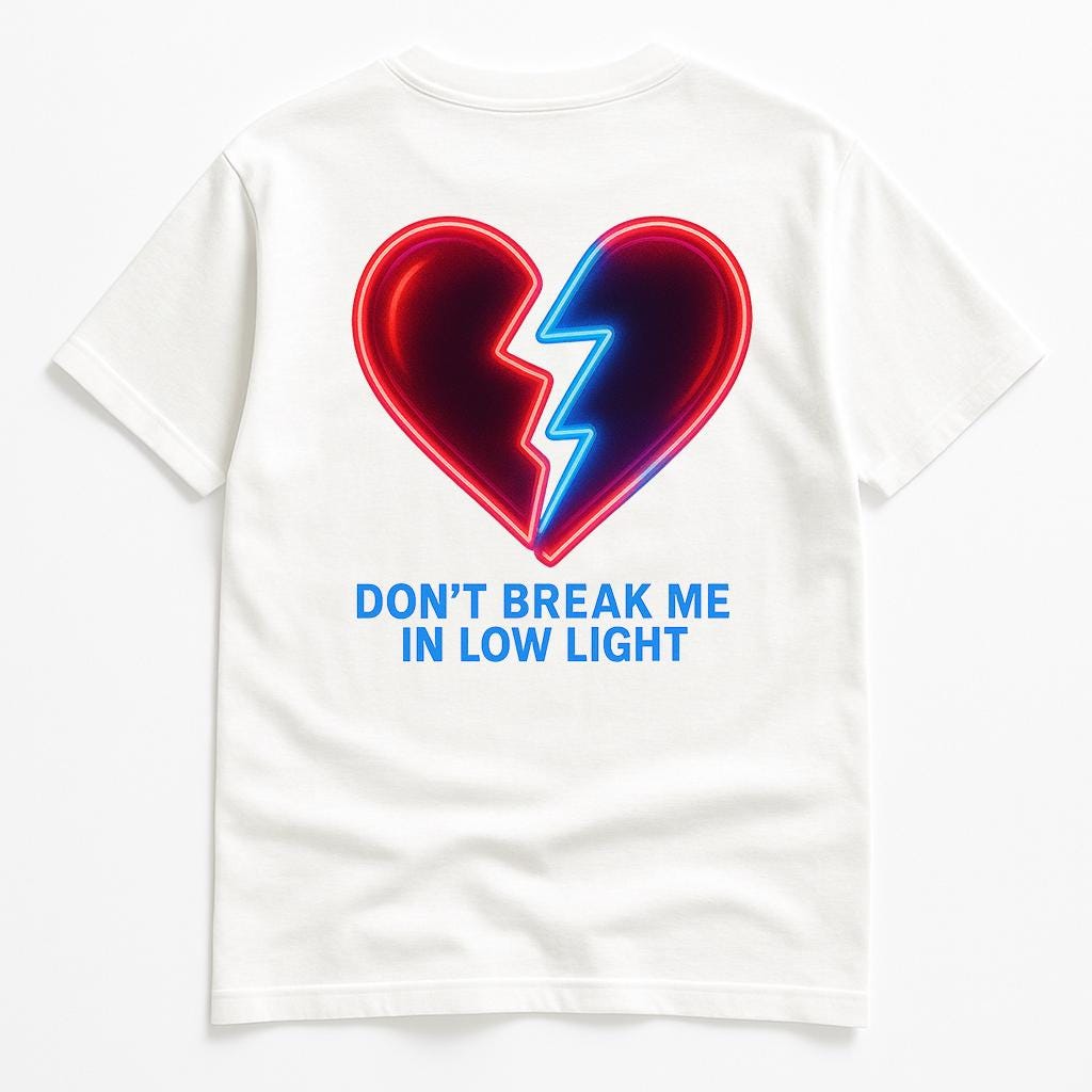 KIKI T-Shirt “Don’t Break Me In Low Light” – Maglietta Bianca Unisex con Stampa Grafica Cuore – Streetwear Artistico Made in Italy