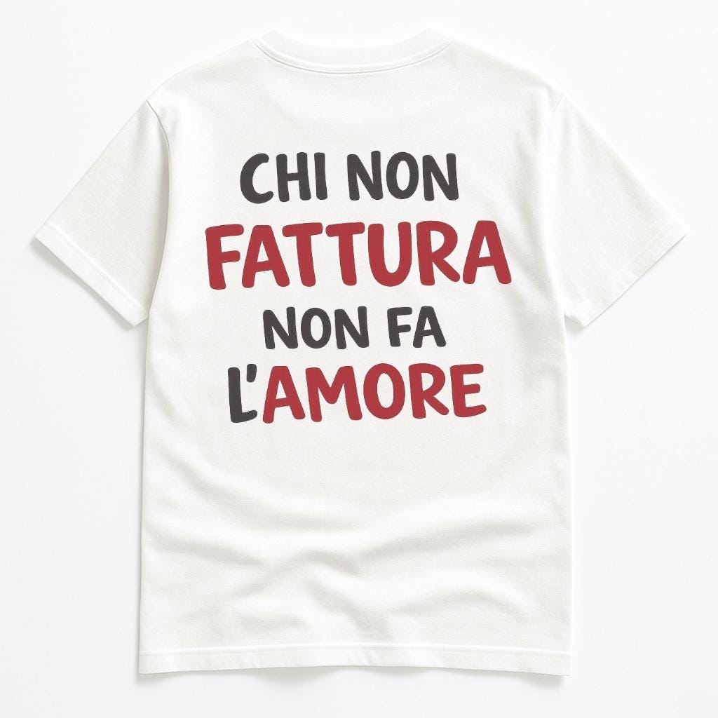T-shirt KIKI “Chi non fattura non fa l’amore” – Maglietta unisex bianca con scritta ironica 🇮🇹
