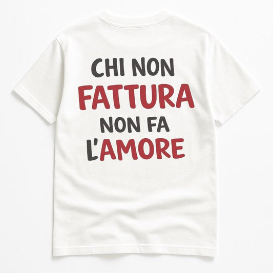 T-shirt KIKI “Chi non fattura non fa l’amore” – Maglietta unisex bianca con scritta ironica Made in Italy 🇮🇹