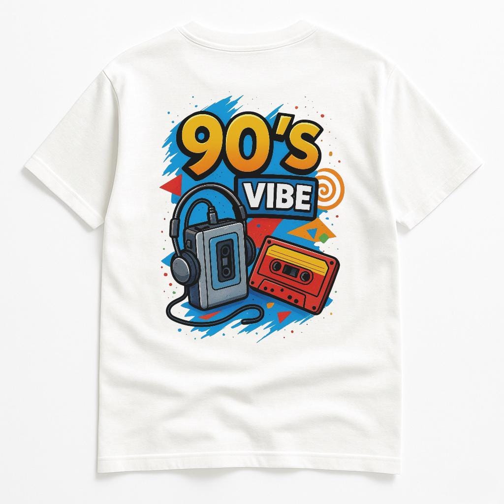 90’s Vibe T-Shirt Unisex Bianca – Maglietta Anni 90 con Walkman e Cassette | Streetwear Vintage KIKI 🇮🇹