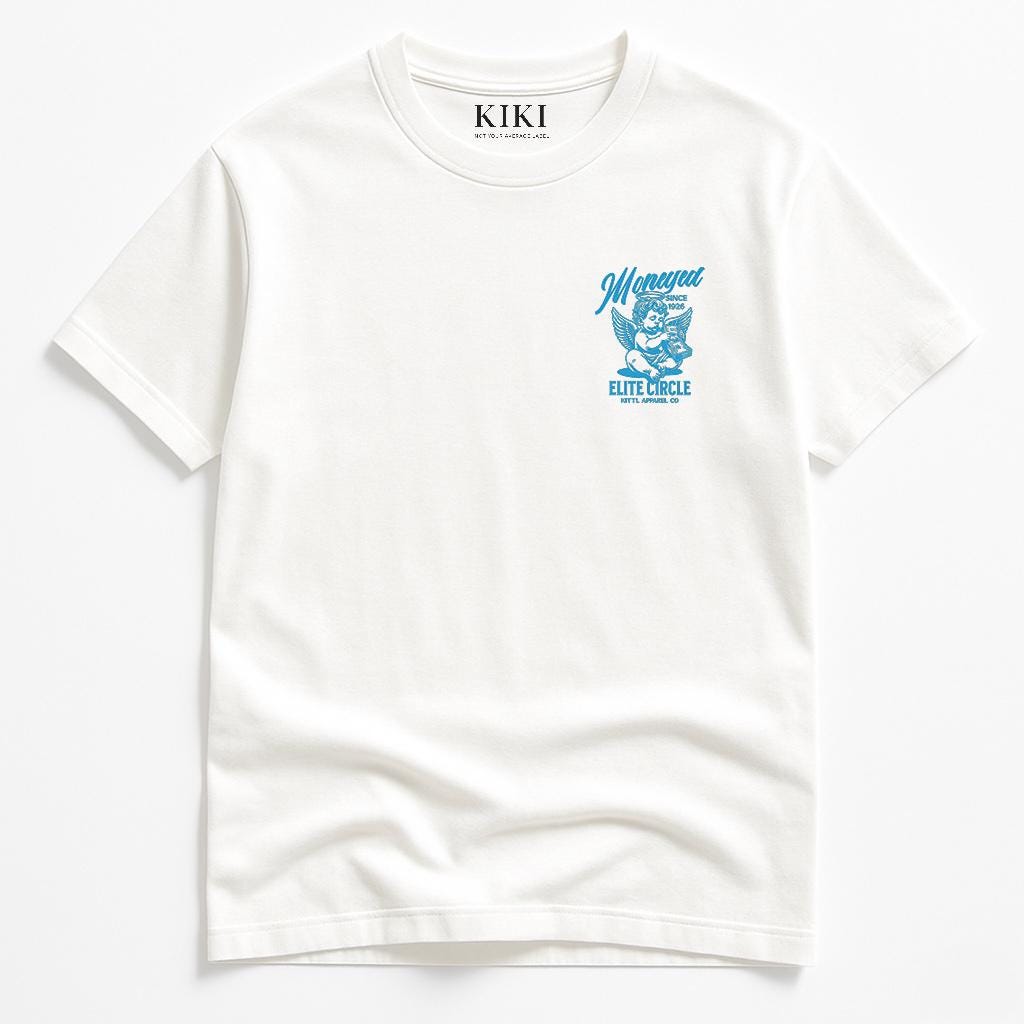 KIKI Moneyed Elite Circle T-Shirt Bianca Unisex – Maglietta Streetwear in Cotone con Stampa Angelo Vintage | Made in Italy 🇮🇹